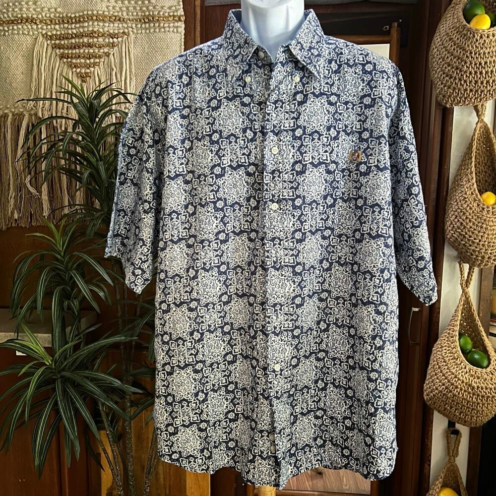 Tommy Hilfiger XL Linen Shirt | Navy White Bandana Print Crest Resort Casual